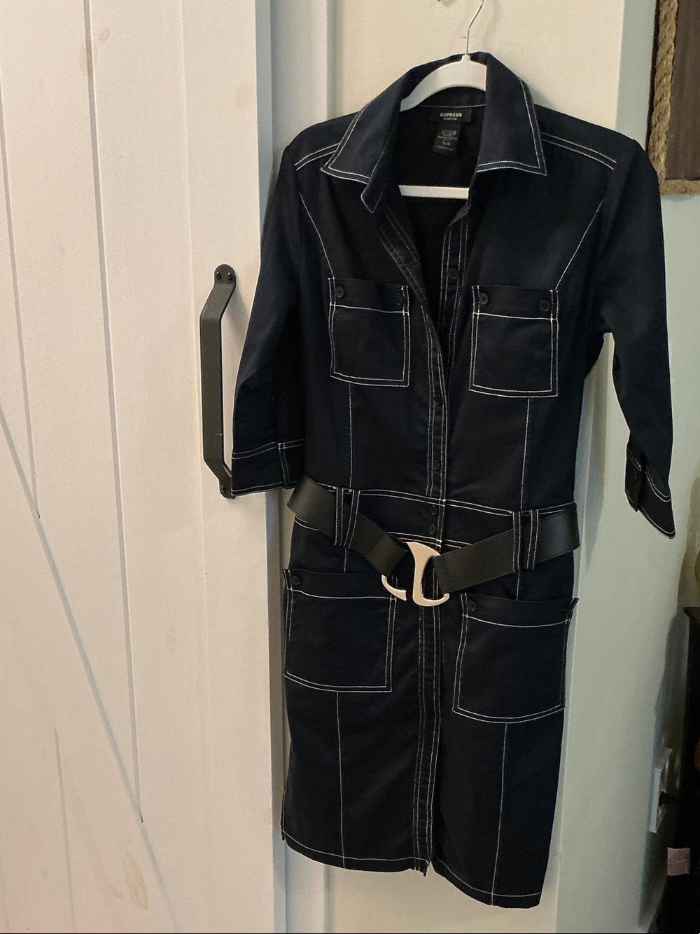 Express Navy Shirt Dress with White Topstitching and Black Belt